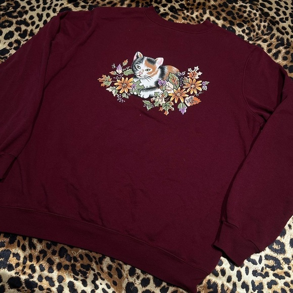 Vintage Blair Burgundy Autumn Cat Crewneck Sweatshirt - Picture 2 of 7